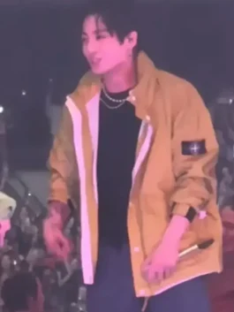 Full look of mustard Arirang London Tour Jungkook Cyberpunk Jacket showing the secure dual zipper and button closure.