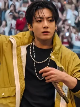 Front view of Arirang London Tour Jungkook Cyberpunk Jacket highlighting the unique mustard tone and full sleeves.