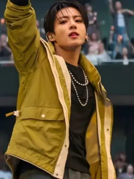 On-body view of Arirang London Tour Jungkook Cyberpunk Jacket in mustard color displaying a relaxed streetwear drape.