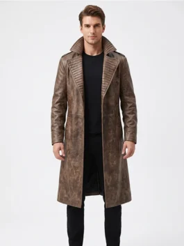 Front view of the brown Avengers Doomsday Remy LeBeau Leather Coat putting the full Gambit inspired Channing Tatum design on bold display