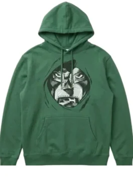 Front view of the green Avengers Doomsday Robert Downey Jr Green Hoodie putting the full Doctor Doom inspired design on bold display