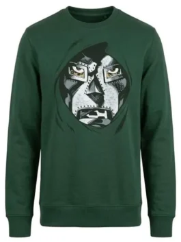 Front view of the green Avengers Doomsday Robert Downey Jr Sweatshirt putting the full Doctor Doom inspired design on bold display