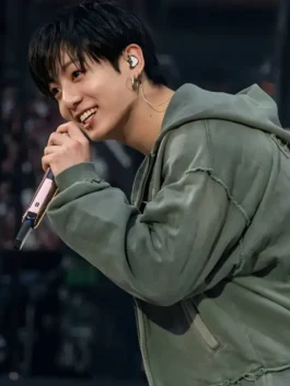 Green fleece BTS World Tour Arirang London Jungkook Hoodie featuring a hooded collar and secure front zipper.