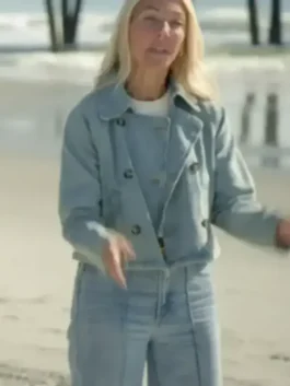 Full view of blue denim Battle On The Beach Sarah Baeumler Denim Jacket showing two outside pockets.