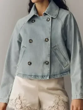 Front view of blue Battle On The Beach Sarah Baeumler Denim Jacket highlighting the classic button closure.