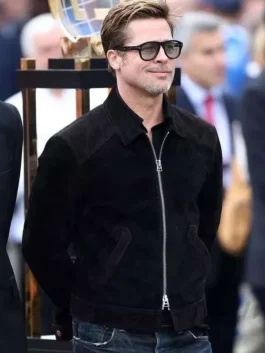 Front pose of Brad Pitt wearing the fitted black suede leather jacket with a exposed silver zipper track and structured collar.