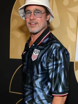 Black polyester Brad Pitt Nike USMNT Jersey featuring a shirt style collar and blue stars graphic print.