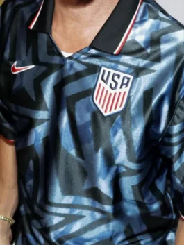 Front view of black Brad Pitt Nike USMNT Jersey displaying a pullover style closure and half length sleeves.