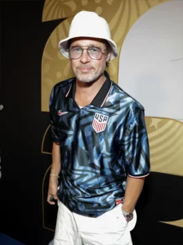 Full view of the black and blue Brad Pitt Nike USMNT Jersey with an athletic tailored fit.
