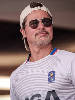Full look of the white Brad Pitt World Cup Quarter Finals Jersey showcasing half length sleeves and sporty trims.