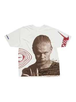 Front view of the CJ X Nike Athletes Haaland Tee highlighting the comfortable round neck collar layout.