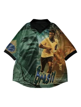Front view of the CJ X Nike Athletes Vini Jr Retro Jersey highlighting the shirt collar and pullover style.