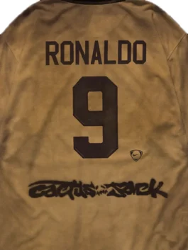 Close up back view of the CJ X Nike Athletes Ronaldo R9 Retro Jersey showing high-density stitching details.