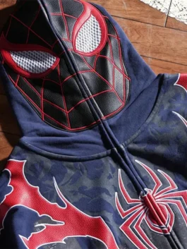 Full view of the fleece Civil Regime x Spiderman Miles Morales Hoodie displaying long sleeves and practical pockets.