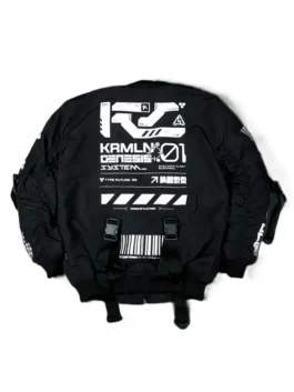 Clean back view of the sleek Cyberpunk 2077 Black Techwear Bomber Jacket showing its structured technical panels.
