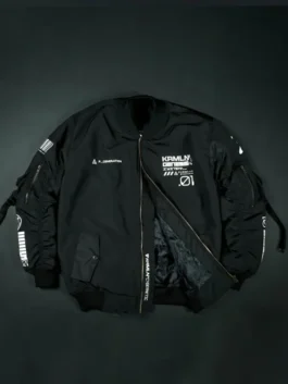 Front view of the Cyberpunk 2077 Black Techwear Bomber Jacket highlighting the zipper closure and rib knitted collar.