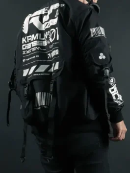 Model view showing the athletic rear silhouette of the Cyberpunk 2077 Black Techwear Bomber Jacket with rib cuffs.
