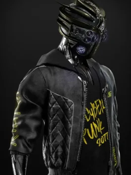 Premium real leather Cyberpunk 2077 Cyborg Black Leather Jacket with a sleek round neck collar and zipper closure.