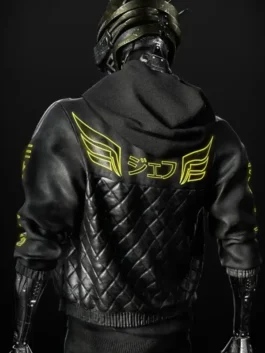 Clean back view of the real leather Cyberpunk 2077 Cyborg Black Leather Jacket showing smooth panels and seams.