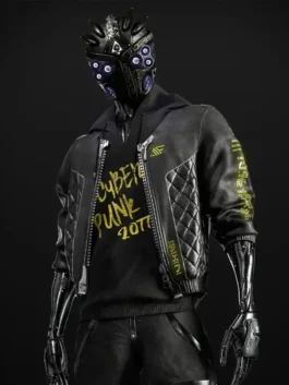 Front view of the Cyberpunk 2077 Cyborg Black Leather Jacket highlighting the round neck collar and zipper closure.