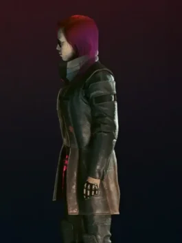 Longline brown real leather Cyberpunk 2077 Female V Brown Leather Coat featuring a stylish open front layout.