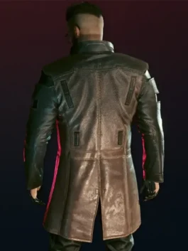 Clean back view of the Cyberpunk 2077 Durable Brown Long Leather Coat showing its longline panels and seams.