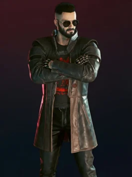 Front view of the Cyberpunk 2077 Durable Brown Long Leather Coat highlighting the stand up collar and open front.