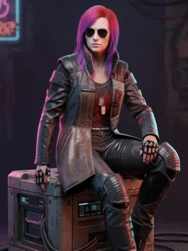 Quality real leather Cyberpunk 2077 Female V Brown Leather Coat with two outside and two inner pockets.