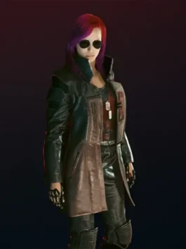 Premium real leather Cyberpunk 2077 Female V Brown Leather Coat with a sleek stand up style collar.