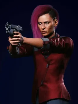 Front view of the Cyberpunk 2077 Female V Red Blazer highlighting the sharp stand up collar and clean button closure.