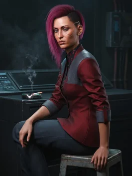 Character view showing the sleek silhouette of the cotton Cyberpunk 2077 Female V Red Blazer with full sleeves.