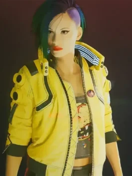 Premium vegan leather Cyberpunk 2077 Judy Alvarez Yellow Jacket featuring a distinct stand up collar design.
