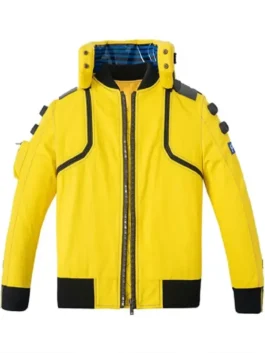 Front view of the Cyberpunk 2077 Judy Alvarez Yellow Jacket highlighting the stand up collar and zipper closure.