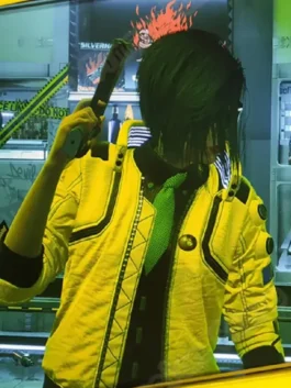 Model view showing the athletic silhouette of the Cyberpunk 2077 Judy Alvarez Yellow Jacket with rib knitted cuffs.