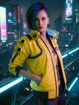 Vibrant yellow vegan leather Cyberpunk 2077 Judy Alvarez Yellow Jacket with snug rib knitted cuffs.