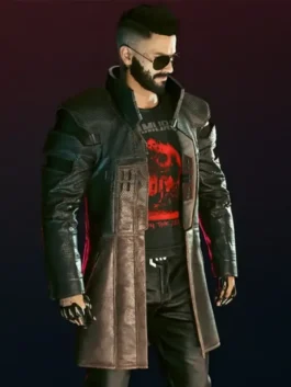 Heavy-duty real leather Cyberpunk 2077 Durable Brown Long Leather Coat featuring an open style layout and full sleeves.