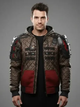 Premium real leather Cyberpunk 2077 Phantom Liberty Wild Hunt Jacket with a protective hooded collar and zip front.
