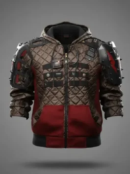 Front view of the Cyberpunk 2077 Phantom Liberty Wild Hunt Jacket highlighting the hooded collar and zipper closure.