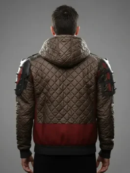Model view showing the athletic rear silhouette of the brown Cyberpunk 2077 Phantom Liberty Wild Hunt Jacket.