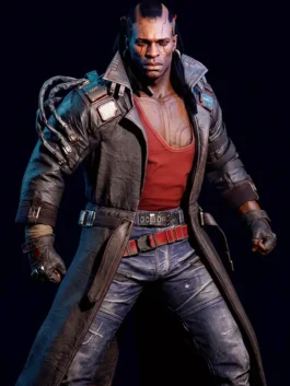 Front view of the Cyberpunk 2077 Placide Brown Leather Coat highlighting the stand up collar and belted closure.