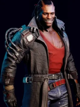 Long view of the real leather Cyberpunk 2077 Placide Brown Leather Coat showing its full length silhouette and design.