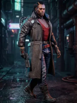 Trench style view of the Cyberpunk 2077 Placide Brown Leather Coat featuring a classic structured leather frame.