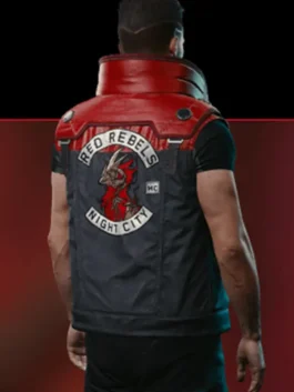Bold black and red real leather Cyberpunk Red Rebel Phantom Liberty Rarog Vest with a classic stand up collar.