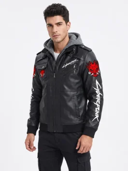Premium real leather Cyberpunk 2077 Samurai Black Hooded Jacket with a protective hooded collar and zipper closure.