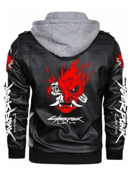 Clean back view of the real leather Cyberpunk 2077 Samurai Black Hooded Jacket showing smooth panels and crisp seams.