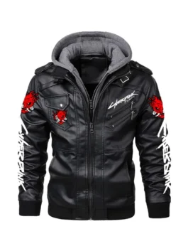 Front view of the Cyberpunk 2077 Samurai Black Hooded Jacket highlighting the zipper closure and multiple pockets.