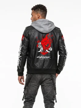 Heavy-duty real leather Cyberpunk 2077 Samurai Black Hooded Jacket featuring snug rib knitted cuffs and full sleeves.