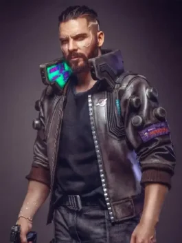 Premium real leather Cyberpunk 2077 Samurai V Brown Bomber Jacket with a sleek stand up collar and open front layout.
