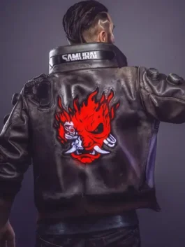 Clean back view of the real leather Cyberpunk 2077 Samurai V Brown Bomber Jacket showing smooth panels and seams.