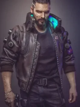 Front view of the Cyberpunk 2077 Samurai V Brown Bomber Jacket highlighting the stand up collar and open style front.